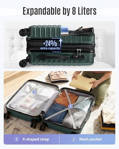 LIGHT FLIGHT Expandable Carry On Luggage 22x14x9 Airline Approved with Double Spinner Wheels, 20 Inch Lightweight Hard Shell Rolling Suitcases with TSA Lock, Pine Green
