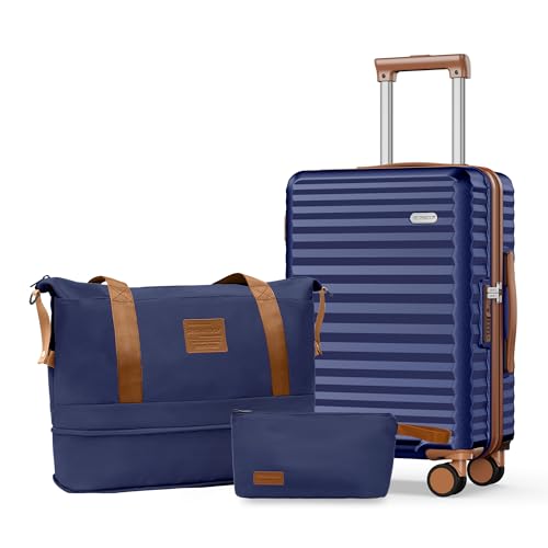 SHOWKOO Carry On Luggage Hardshell Lightweight Luggage Set, Suitcase with Double Spinner Wheels Tsa Lock White 3 piece set Blue (DB/TB/20in)