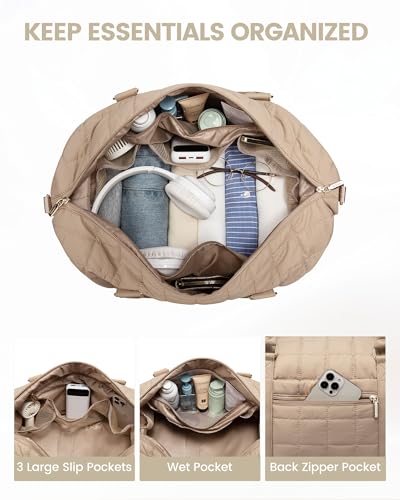 LOVEVOOK Large Duffle Bag for Travel, Puffer Weekend Bags for Women Travel Tote, Carry on Duffel Bag for Airplanes, 18 Inch Personal Item Bag Gym Bag Women, Coffee