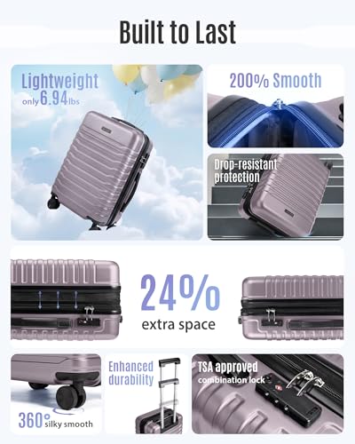 LIGHT FLIGHT Expandable Carry On Luggage 22x14x9 Airline Approved with Double Spinner Wheels, 20 Inch Lightweight Hard Shell Rolling Suitcases with TSA Lock, Rose Purple