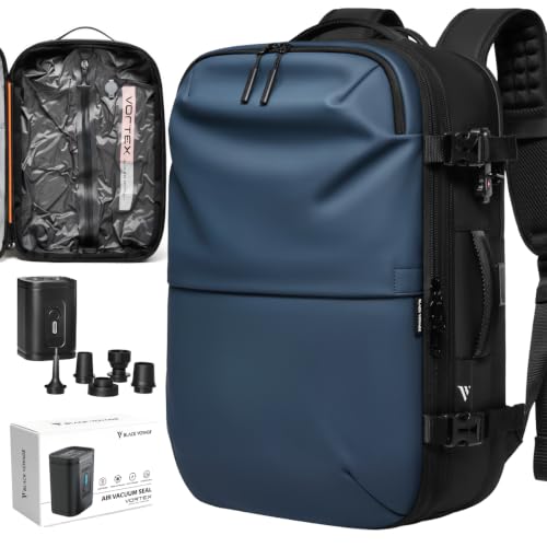 BlackVoyage Vortex Vacuum Seal Travel Backpack 60L Expandable Air Compression System Water Resistant TSA Lock Carry-On Suitcase Luggage Blue AERO Essential Series Vacuum Pump Included