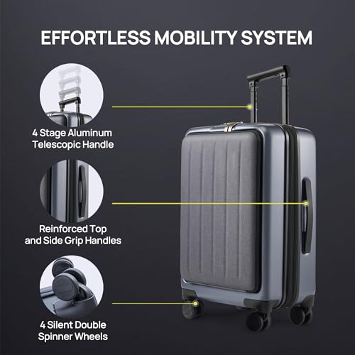NINETYGO Carry On Luggage 22X14X9 Airline Approved with Front Pocket, 20 Inch Luggage with Front Compartment, Expandable, Double Spinner Wheels, Hardsided PC, TSA Lock (Midnight Black, Seine Max)