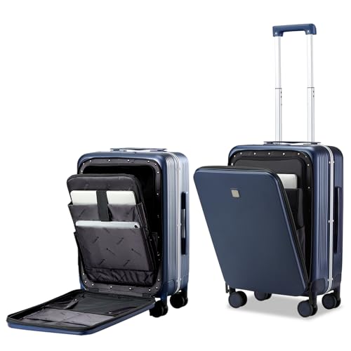 Hanke 20 Inch Carry On Luggage with Front Pocket Aluminum Frame, Hard Shell Suitcases with Wheels, Rolling Luggage, Suitcase with Lock, Travel Luggage for Weekender, Dark Blue