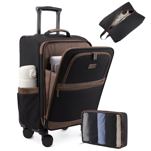 LOVEVOOK Carry On Luggage 22x14x9 Airline Approved,20 Inch Suitcases with Spinner Wheels,Softside Carry-on Suitcase with TSA Lock for Men Women Business Trip Weekender Travel,Black&brown