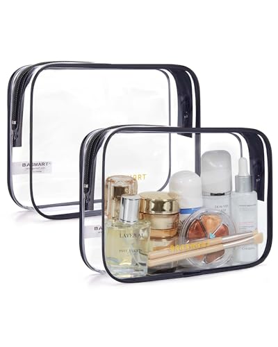 BAGSMART Clear Toiletry Bag, 2 Pack TSA Approved Travel Toiletry Bag Carry on Travel Accessories Bag Airport Airline Quart Size Bags Water Repellent Makeup Cosmetic Bag for Women (Black-2pcs)