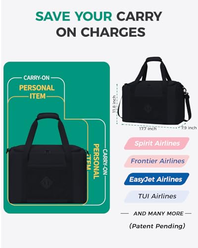 WANDF For Frontier Airlines Personal Item Bag 18x14x8, Travel Duffel Bags with Wet Pockets, Lightweight Carry on Weekender Overnight Duffle for Women (Black)