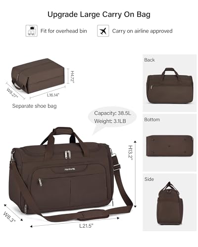 Hanke Large Capacity Travel Duffel Bag, Carry On Luggage with 12 Pockets, 17 Inch Laptop Compartment, Wet Dry Separation & Independent Shoe Bag, Lightweight Foldable Duffel Bag for Women Men（Coffee）