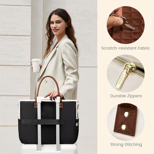 LOVEVOOK Teacher Tote Bag for Women, Laptop Bag Work Bags Computer Bag, Professional Briefcase Business Large Purses Handbag Gifts, Black-Beige-Brown, 17 Inch