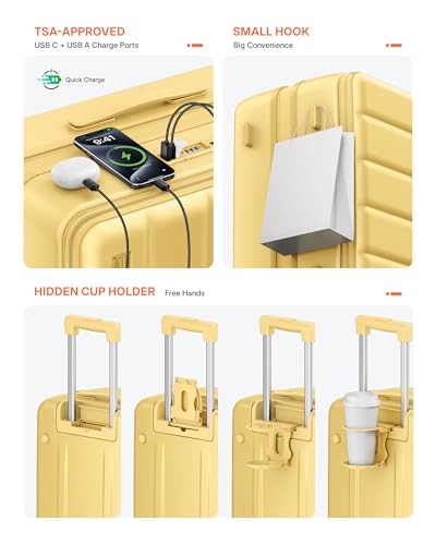 ISLAND ELEPHANT Expandable 20Inch Carry On Luggage Airline Approved - Top Opening Hardside Travel Suitcase Unbreakable -with Cup Holder,USB Charge,Side Pothook, 360°Spinner Wheels, TSA Lock-Yellow