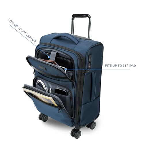KROSER Softside Expandable Carry On Luggage with Front Business Pockets，20 Inch Suitcases with Spinner Wheels & Built-in TSA Lock, Durable Suitcase Rolling Luggage with USB Port, Haze Blue