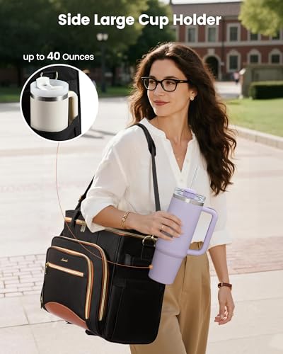 LOVEVOOK Rolling Teacher Bag with Detachable Dolly and Laptop Compartment, Large Rolling Tote Bag fits for 17.3" Laptop for Teacher Office Work Craft Nurse, Quilted-Black-beige-brown