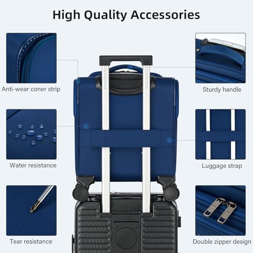 HanTrip 16 Inch Underseat Carry On Luggage with Wheels Softside Small Suitcases Personal Item Bag with Pocket Travel Luggage for Men Women Business Overnight Bag(Blue)