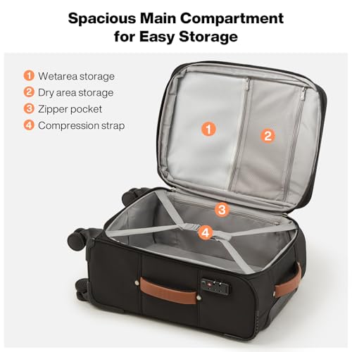 mixi Carry On Luggage 20 Inch Softside Expandable Suitcase with Front Pocket, 22x14x9 Airline Approved Rolling Lightweight Travel Suitcases with Wheels & TSA (Black)