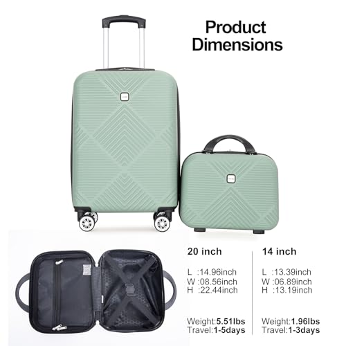 Tripcomp 2 Piece Carry on Luggage Set, Airline Approved 20 Inch Luggage with Cosmetic Case HardShell Suitcase with Spinner Wheels, Lightweight Durable Hardside Suitcases Set, Olive Green