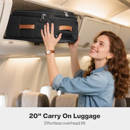 mixi Carry On Luggage 20 Inch Softside Expandable Suitcase with Front Pocket, 22x14x9 Airline Approved Rolling Lightweight Travel Suitcases with Wheels & TSA (Black)