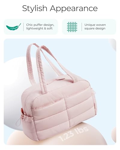 BAGSMART Gym Bag for Women, Lightweight Puffer Duffle Bag 2-PC Travel Bag, 31L Weekender Overnight Bag Quilted Carry On Tote Bag, Diaper Hospital Dance Bag for Travel, Gym, Water Resistant, Pink
