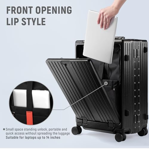 UrbanExplorer 20 Inch Carry On Luggage TSA Approved, Aluminum Frame Zipperless Luggage Carry On with Compartment for Short Trips, ABS+PC Hard Shell Suitcases with Spinner Wheels, Black