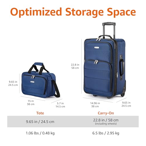 Amazon Basics Softside Luggage Set, 23-Inch Expandable Suitcase with Wheels and 15-Inch Tote, Extra Space (+15%), Front Pockets, Telescopic Handle, Navy Blue