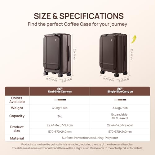 NINETYGO Carry On Luggage 22x14x9 Airline Approved, 20 Inch Suitcase with Front Compartment, Coffee-Infused PC Hard Shell, Eco-Friendly, Cup Holder, Clamshell, TSA Lock, Spinner Wheels (Americano)