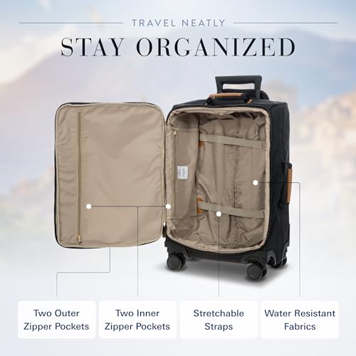 Bric's X-Travel 21” Carry-On Spinner – Airline Approved Luxury Softside Luggage with 360° Wheels, Recycled Water-Resistant Fabric, Interior Pockets, and Leather Details – Black