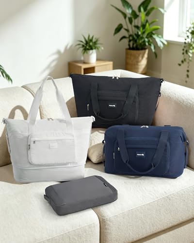 Hanke 40L Foldable Travel Tote Bags for Women Men, Expandable Weekender Bag with 11 Pockets, Wet Dry Separation, Laptop Compartment, Carry On Luggage Bag for Travel Gym Beach Daily Use(Grey)