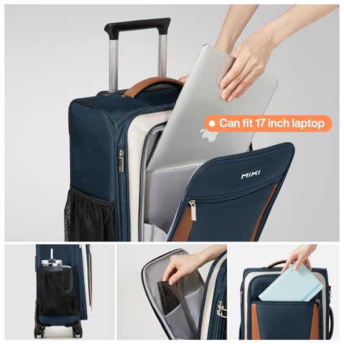 mixi Carry On Luggage 20 Inch Softside Expandable Suitcase with Front Pocket, 22x14x9 Airline Approved Rolling Lightweight Travel Suitcases with Wheels & TSA (Deep Blue-Off White)