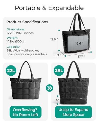 BAGSMART Expandable Tote Bag for Women, Puffer Work Tote Handbag, Quilted Carry On Bag for Travel Gym, Black, Large