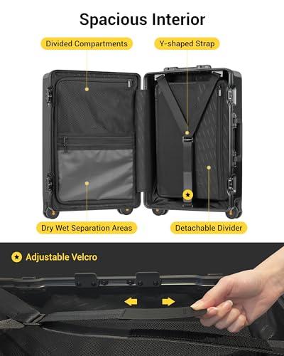 LEVEL8 Zipperless Carry On Suitcase Airline Approved with Aluminum Frame, Hard Shell Luggage with Spinner Wheels, Metal Travel Luggage with Double Tsa Locks, 20 Inch, Black