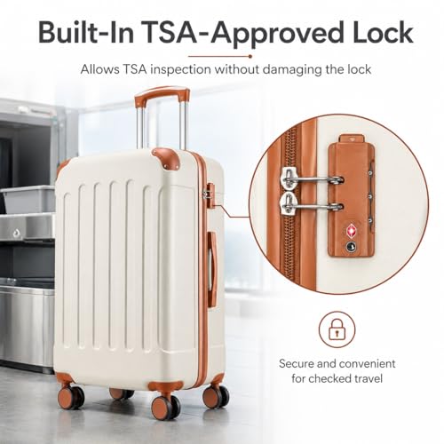 YOETEY Carry On Luggage 22x14x9 Airline Approved, Hardside Suitcase with Wheels, TSA Approved, Tote Bag, White Brown