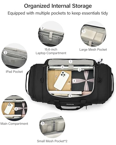 Hanke Expandable Carry On Luggage Bag,3 in 1 Duffle Bag for Travel,45L-55L Weekender Overnight Bag with 15.6" Compartment for Women & Men (Black)