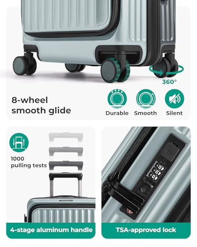 BAGSMART Top Opening Carry On Luggage 22x14x9 Airline Approved with TSA Lock, Expandable 20 Inch Deep Compartment Hard Shell Suitcases with Double Spinner Wheels, Green