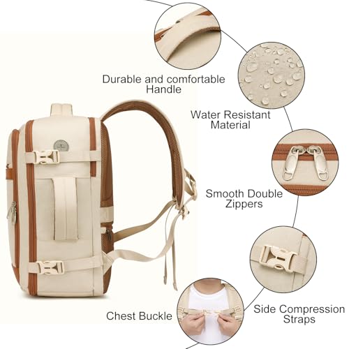Travel Backpack for Women Airline Approved Carry On Backpack with Shoe Pouch,TSA 15.6inch Laptop Mochila Flight Approved Personal Item Bag for Weekender Overnight Bags Bookbag Travel Essentials,Beige