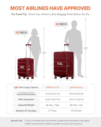 ISLAND ELEPHANT Expandable 20Inch Carry On Luggage Airline Approved - Top Opening Hardside Travel Suitcase Unbreakable -with Cup Holder,USB Charge,Side Pothook, 360°Spinner Wheels, TSA Lock-Wine Red