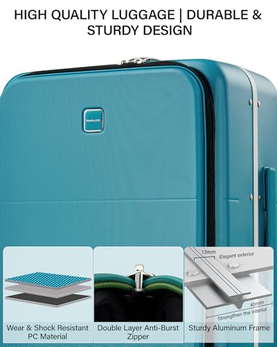 Hanke 20 Inch Top Opening Carry On Luggage with Cup Holder, Hard Shell Suitcase with Spinner Wheels, USB Ports, TSA Lock Aluminum Frame, Dry Wet Separation & Removable Divider, Caribbean Blue