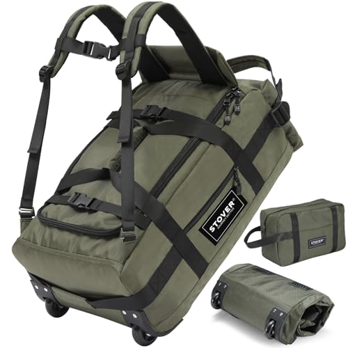 STOVER 45/100L Carry-On U-Zip Rolling Duffel Bag with Wheels, Medium Durable Travel Duffle w/Toiletry Bag, Heavy-Duty, Packable w/Shoulder Straps- Use as Luggage or Backpack, Men/Women (Green)