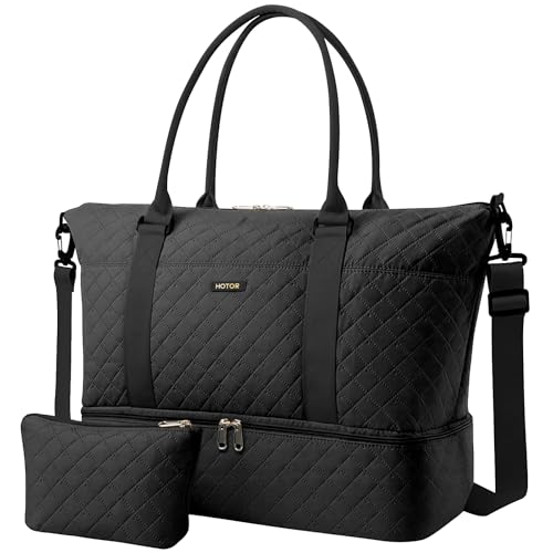 HOTOR Travel Duffel Bag - Weekender Bags for Women, Gym Tote Bags with Shoe Compartment, Carry On Overnight Bag with Toiletry Bag for Travel Essentials and Travel Accessories, Black, 13.4"×17.3"×7.9"