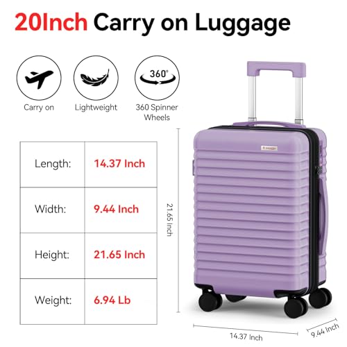 B waygga Carry On Luggage, Expandable PC HardShell Suitcase, Lilac, 20 in