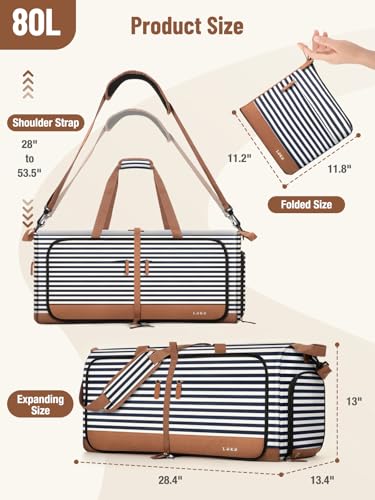 Lekesky Foldable Travel Duffle Bag for Women, 80L Large Duffel Bag with Separate Shoes Compartments & Straps, Carry On Weekend Bag for Women, Hospital, Overnight (Blue Stripes)
