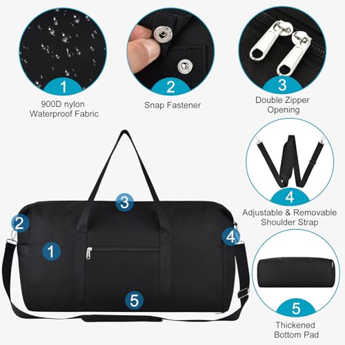 Carry on luaggage 22x14x9 Airlines Approved, Foldable Travel Duffel Bags Weekender Overnight Carry on Duffel Luggage Gym Duffle Bag with Wet Pocket & Shoe Compartment for Women Men(Black, 40L)