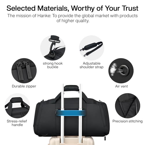 Hanke Carry On Luggage Airline Approved Duffle Bag for Travel, Multifunctional 3 In 1 Travel Duffel Bags for Traveling, 44L Weekender Overnight Gym Hiking Tote Bags for Men & Women.（Black）