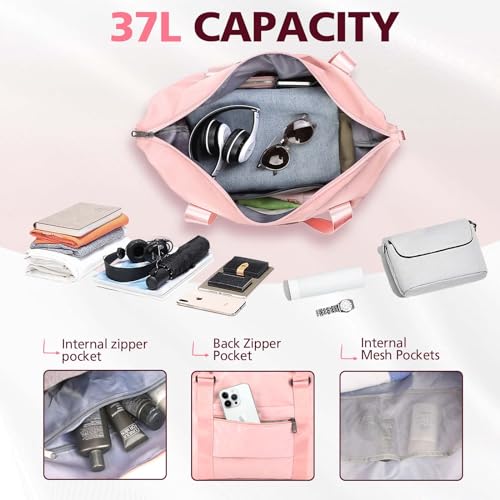TOPBAG Travel Duffle Bag, Waterproof Weekender Carry On Tote Bags for Women, Sport Gym Bag for Men, Hospital Bag for Labor and Delivery, Overnight Luggage Bag with Trolley Sleeve Coral Pink
