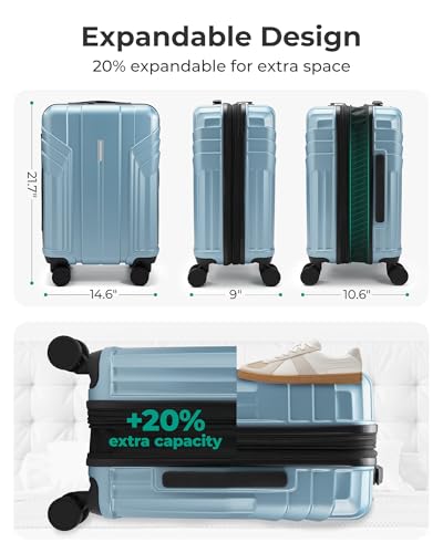 BAGSMART Expandable Carry On Luggage 22x14x9 Airline Approved, 20 Inch Travel Luggage with Spinner Wheels, Lightweight Hard Shell Suitcase Carry on Airy Blue