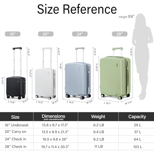 Hanke 16 Inch Underseat Carry On Luggage, Airline-Approved Hard Shell Small Suitcase with Spinner Wheels, Lightweight Tsa Lock Travel Luggage for Short Trips(Bamboo Green)