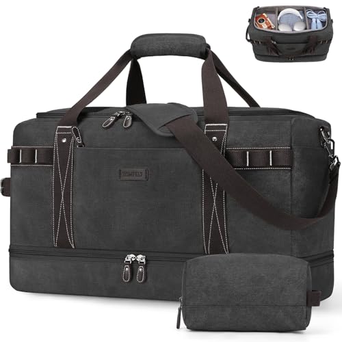 ZOMFELT Travel Duffle Bag for Men, 45L Carry On Luggage 22x14x9 Airline Approved, Waterproof Canvas Overnight Duffel Bag with Removable Dividers, Weekender Gym bag with Shoe Pocket (Washed Black)