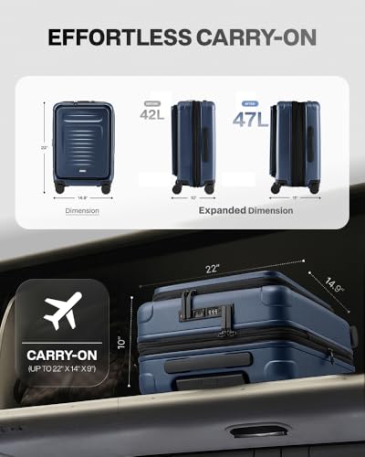 Coolife Carry On Luggage Suitcase : 22x14x9 Airline Approved Travel Luggage with Spinner Wheels, Front Pocket Expandable Hardshell Suitcases with TSA Lock Blue