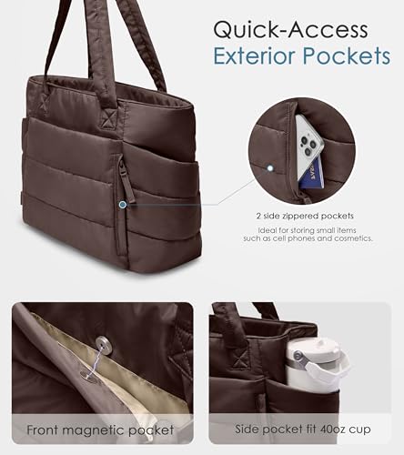 Tote Bag for Women with Zipper, Quilted Puffer Tote Bag with Compartments, Lightweight Puffy Work Bags for Women Travel (Dark Brown)