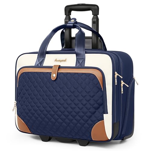 Arcoyard Rolling Laptop Bag, Rolling Briefcase for Women with Waterproof Pocket, 16 Inch Computer Bag, Underseat Carry On Luggage with Wheels for Work Travel Business, Lightweight Navy Blue Brown