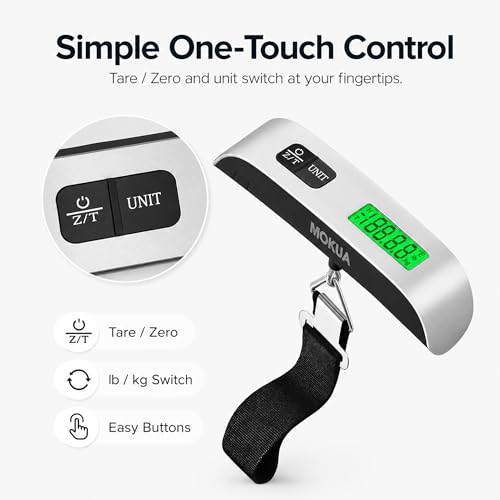 MOKUA Portable Digital Luggage Scale, 110lbs Hanging Baggage Scale with Backlit LCD Display, Portable Suitcase Weighing Scale, Travel Luggage Weight Scale with Hook