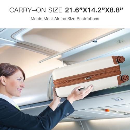 Kono Small 20 Inch Expandable Carry On Luggage with Quiet Spinner Wheels & TSA Lock, Scratch and Drop Resistant PC+ABS Hardside 22x14x9 Airline Approved Suitcase, Cream White & Brown