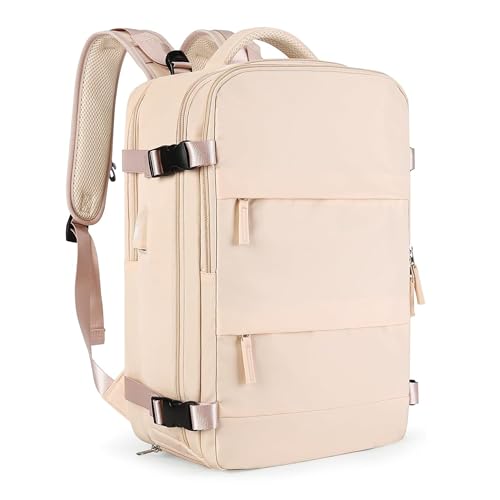 Farmer&Donkey Travel Backpack for Women Men, Waterproof Airlines Approved Carry On Backpack 15.6 Inch Laptop Backpack with USB Charging Port for Computer Bookbag for Business, School, Work(Beige)